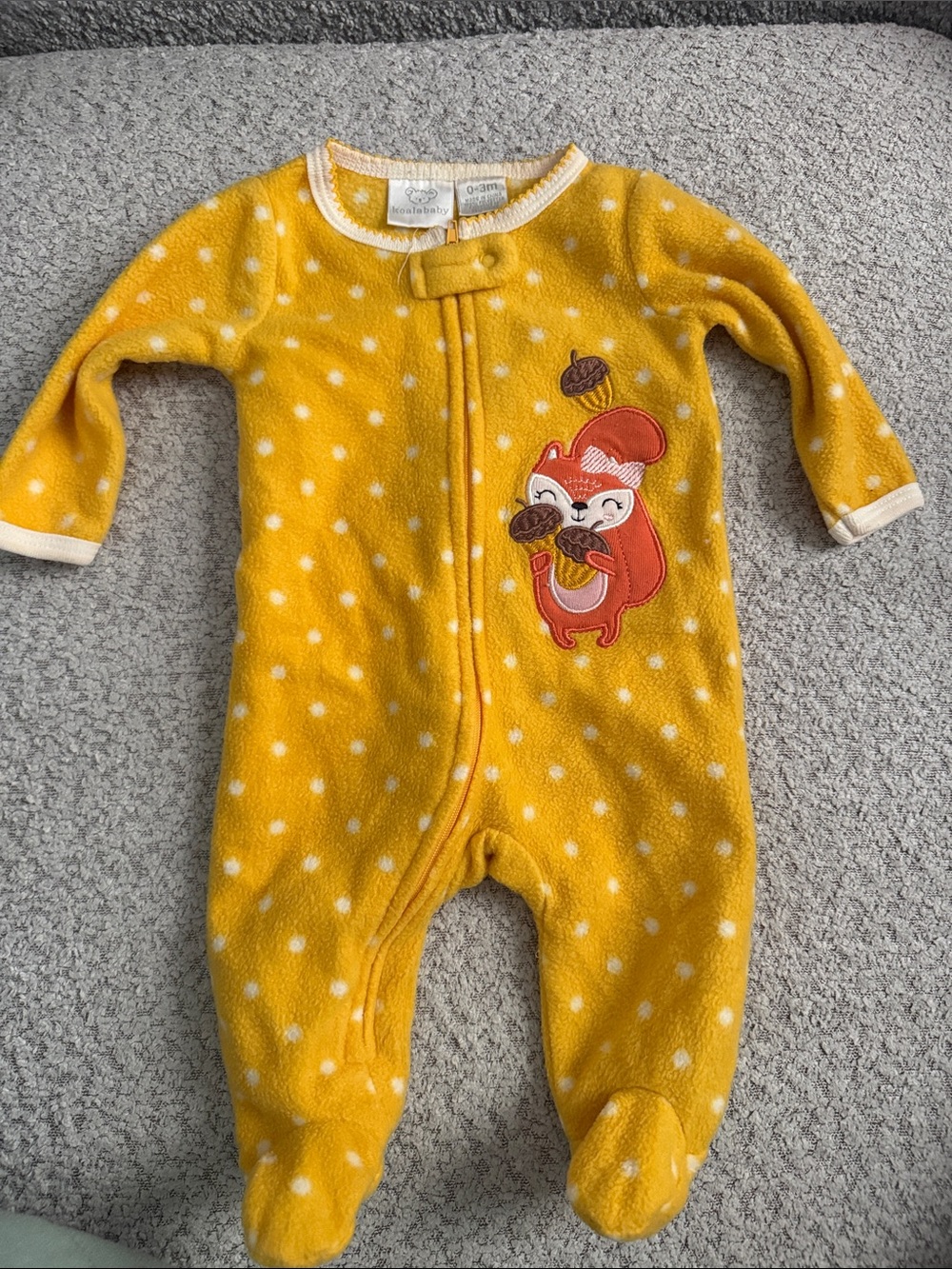 Carter's Mustard Yellow Polka Dot Fleece Footed One-Piece with Squirrel Patch
